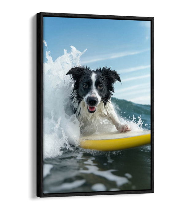 Border Collie Canvas - Funny Surfing Dog Art | Float Effect Handmade Wall Art