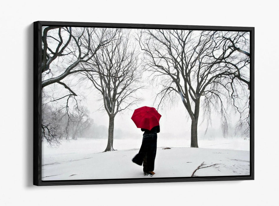 Canvas Wall Art - Red Umbrella Snow Scene | Float Effect Canvas Print