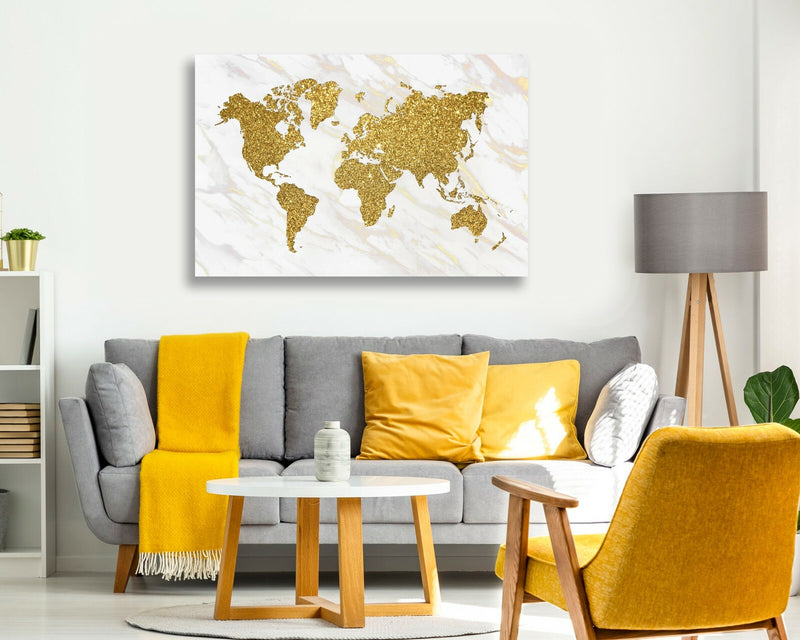 Marble Gold World Map Canvas Wall Art - Deep Framed UK Handmade Painting