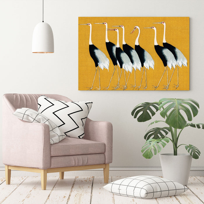 Mustard Canvas Wall Art – Oriental Crane Artwork | Handmade Japanese Decor Print