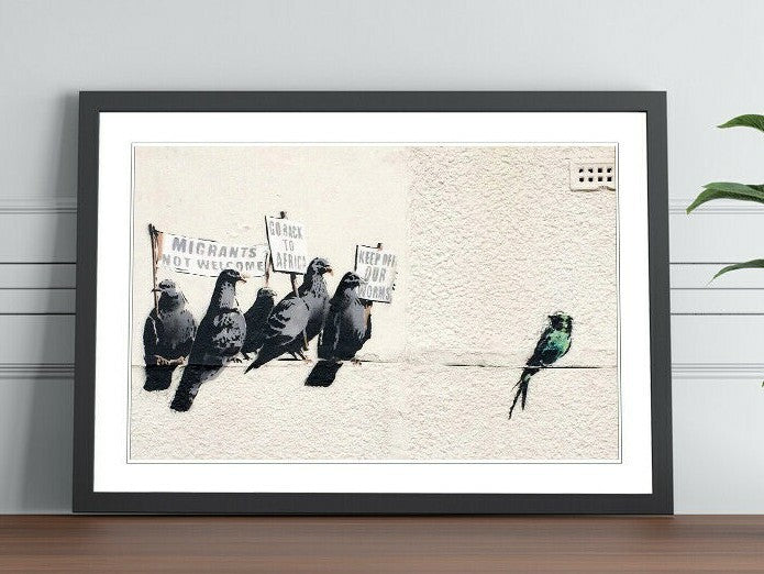 Banksy Framed Art Poster - Racist Pigeons Graffiti Wall Art in Woodgrain Faux Frame
