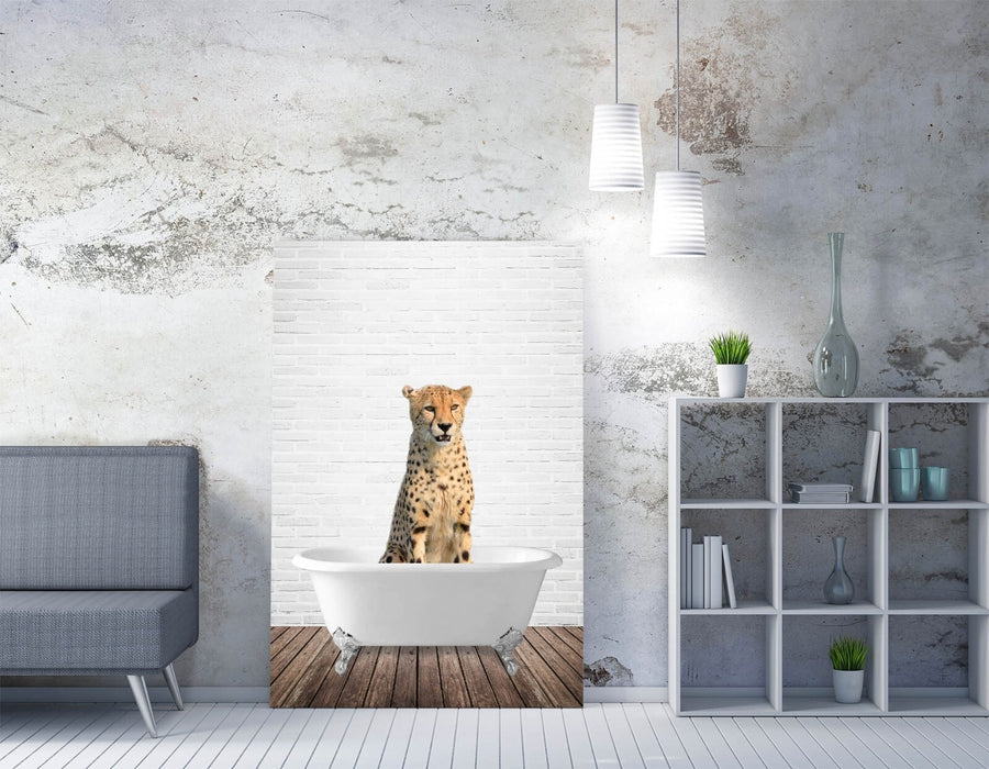 CHEETAH IN BATHTUB -QUIRKY CANVAS WALL ART PRINT ARTWORK ANIMAL FRAMED BATHROOM