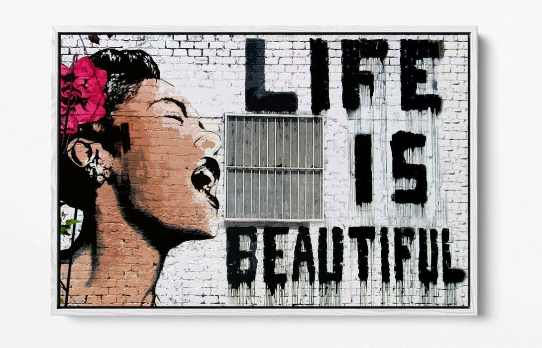 BANKSY LIFE IS BEAUTIFUL -FLOAT EFFECT CANVAS WALL ART PIC PRINT- PINK BLACK