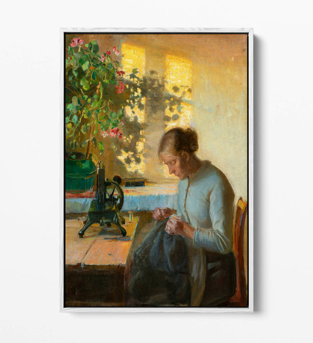 Canvas Wall Art - Anna Ancher Sewing Girl Artwork | Float Effect Canvas Print