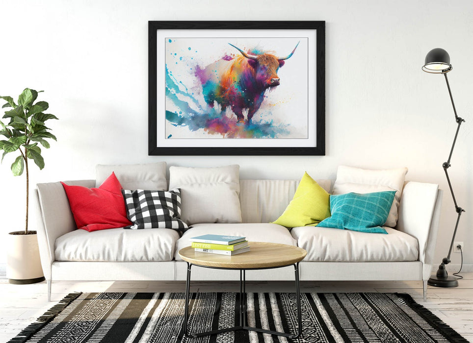 Highland Cow Wall Art – Framed Watercolour Animal Print with MDF Wood Frame