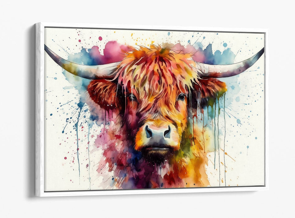 Highland Cow Canvas - Watercolour Animal Print With Float Effect Frame