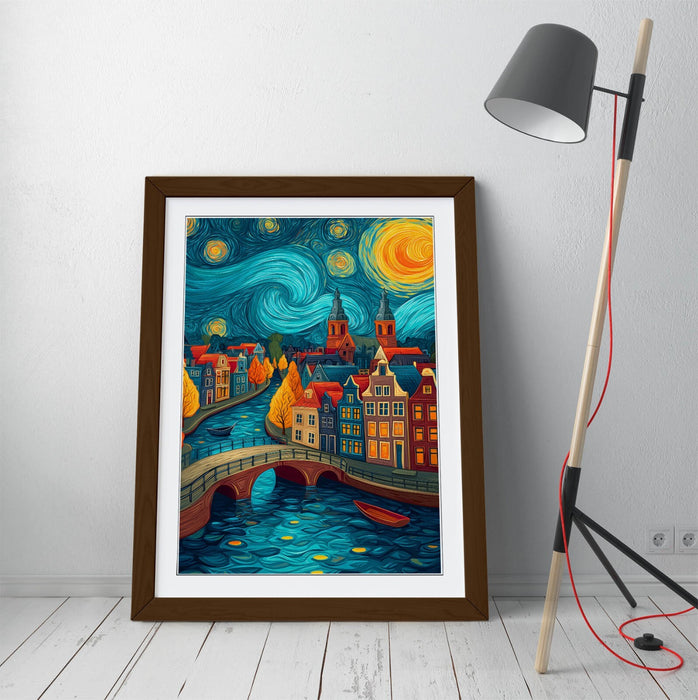 Van Gogh Wall Art – Framed Amsterdam City View Poster Print With Wood Grain Frame