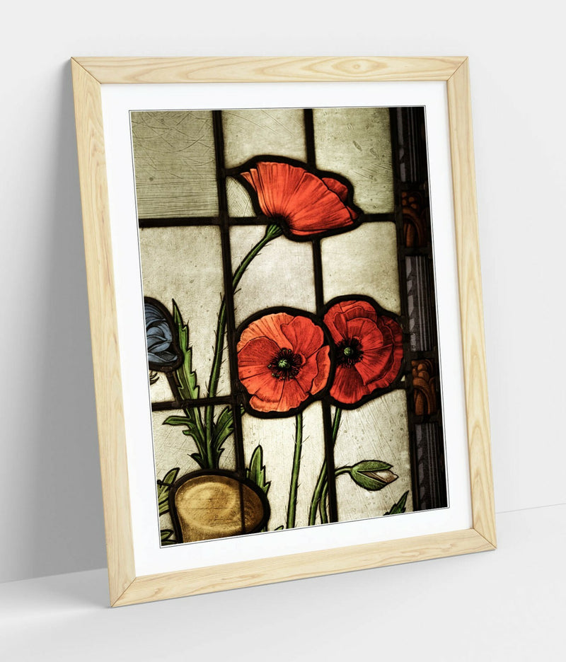 Framed Poster Art - Stained Glass Art Poppy Wall Decor With Woodgrain Frame