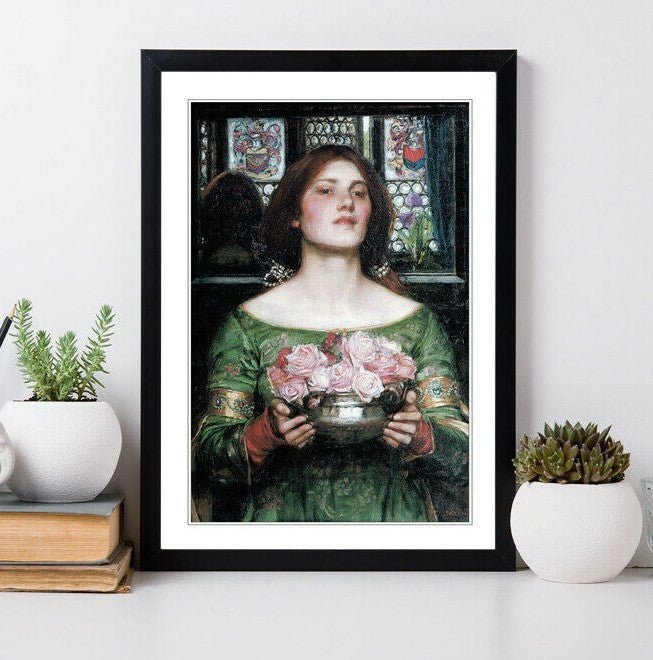 Framed Art Print - John William Waterhouse Gather Ye Rosebuds Classic Painting With Woodgrain Frame