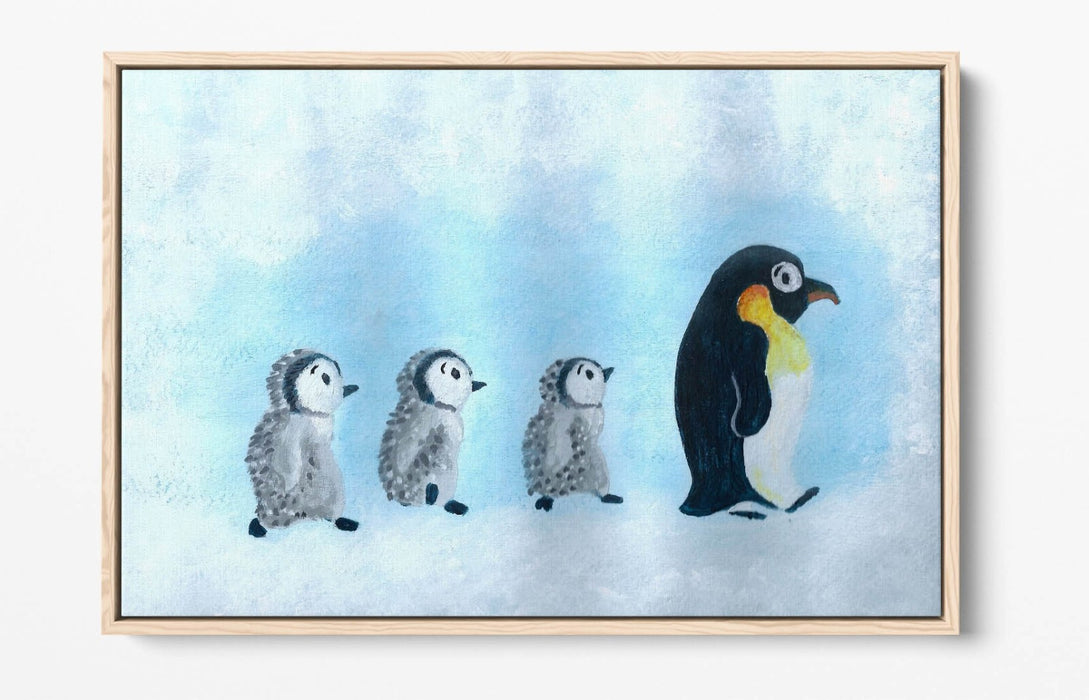 Baby Penguins Canvas - Cute Mother And Baby Penguin Wall Art | Float Effect Print