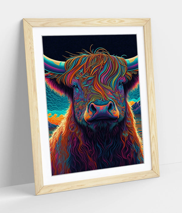 Highland Cow Wall Art – Framed Vibrant Animal Poster With Natural Wood Frame