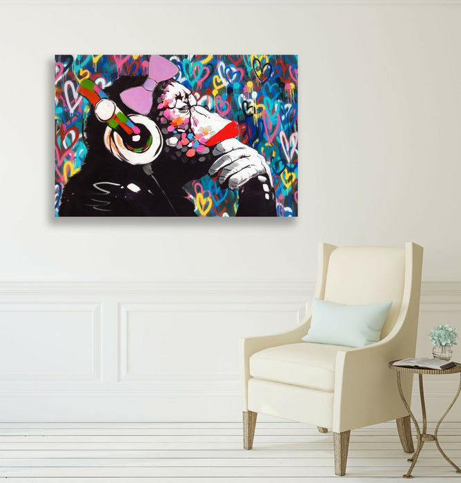 MONKEY DJ BANKSY STYLE LOVE WALL CANVAS STREET WALL ART PRINT - FEMALE GORILLA