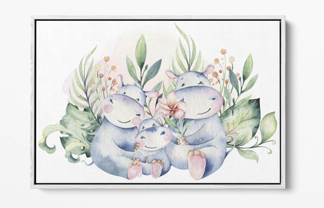 Watercolour Hippo Canvas - Cute Hippo Family Float Effect Canvas Wall Art