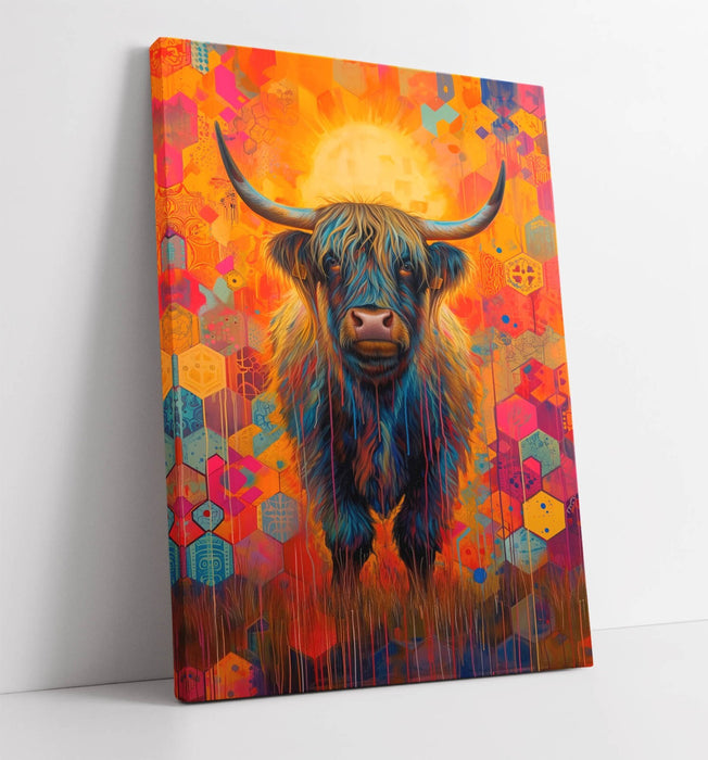 Highland Cow Canvas | Colorful Animal Print - Handmade Wall Decor Artwork