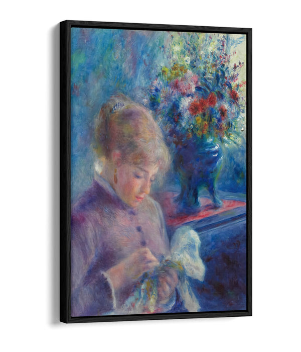 PIERRE AUGUSTE RENOIR, YOUNG WOMAN SEWING -FLOAT EFFECT CANVAS WALL ART PRINT