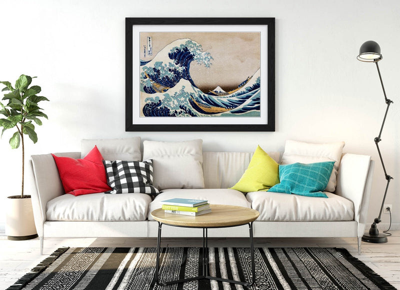 Hokusai Framed Art - Great Wave Print With Woodgrain Frame Style, Matte Paper Poster