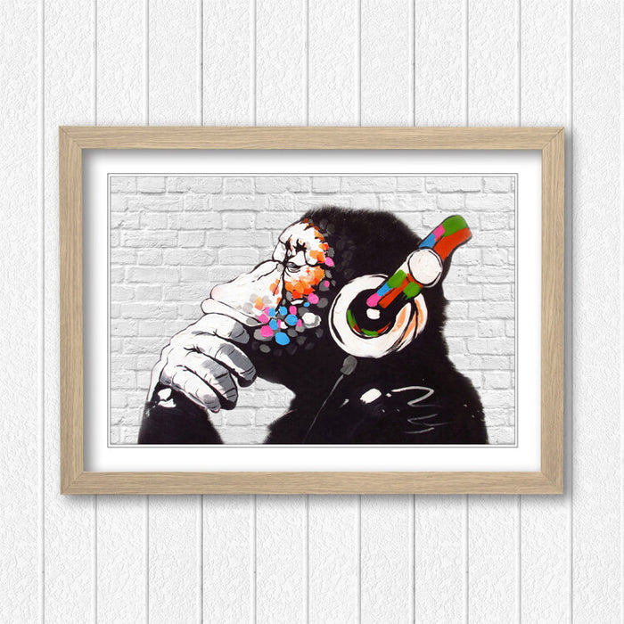 BANKSY DJ MONKEY WHITE BRICK FRAMED STREET ART POSTER PICTURE PRINT 4 SIZES