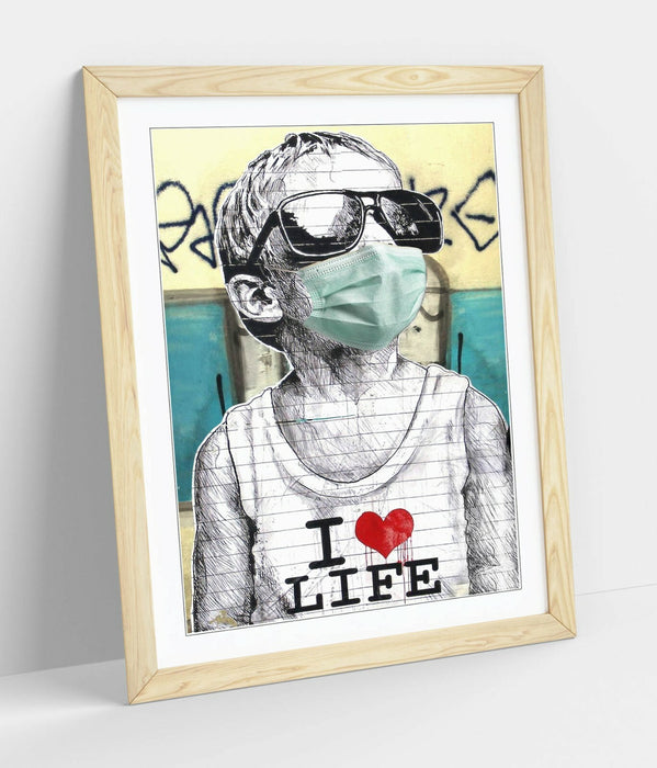 BANKSY I HEART LIFE BOY MASK -FRAMED POSTER WALL ART PRINT ARTWORK- BLUE GREY