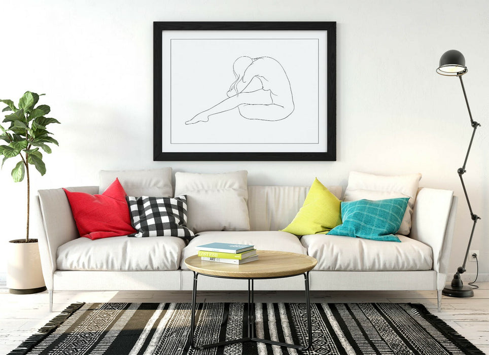 Nude Woman Line Art - Framed Wall Art Blue Line Drawing with Woodgrain Frame Design