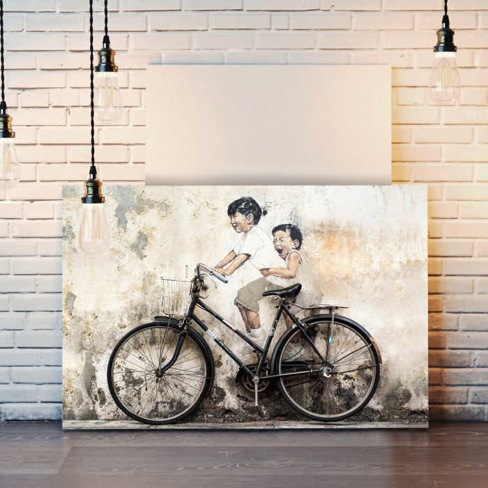 KIDS ON BIKE CANVAS WALL GRAFFITI ART PRINT ARTWORK FRAMED POSTER NOT BANKSY