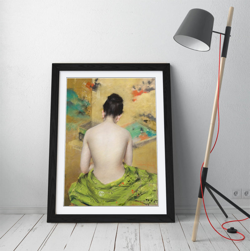 Framed Wall Art Poster - 'William Merritt Chase, Japanese Woman' Print in Woodgrain Frame