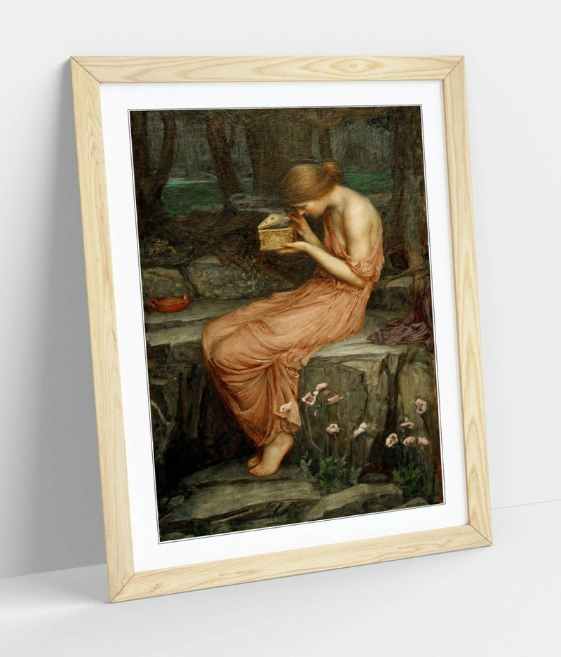 Framed Art Poster – John William Waterhouse Psyche Opening the Golden Box Art Print With Woodgrain Effect Frame