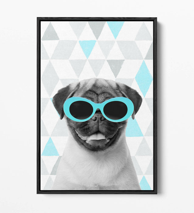 PUG SUNGLASSES TURQUOISE GREY GEOMETRIC -FLOAT EFFECT CANVAS WALL ART PIC PRINT