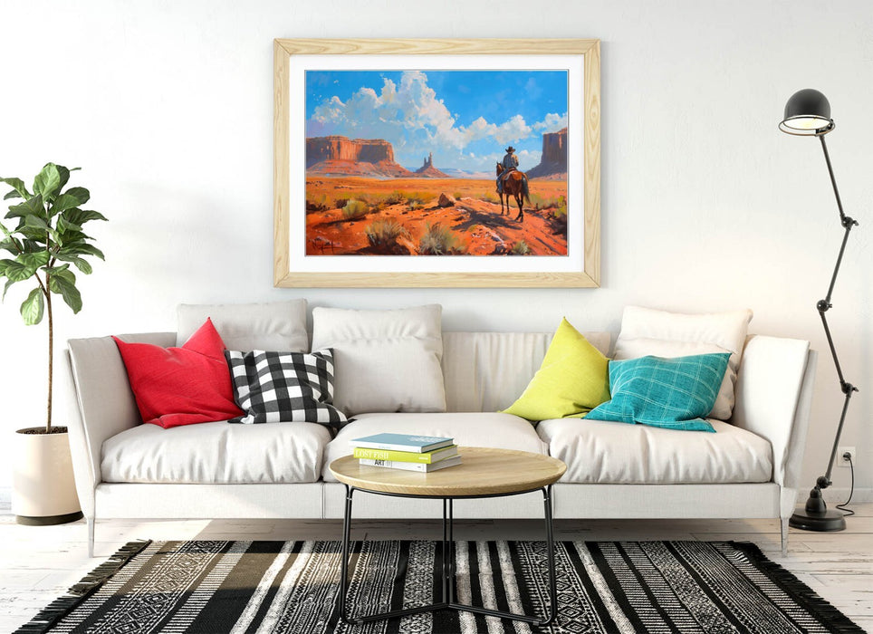 Framed Wall Art Poster – Cowboy Wall Decor | Orange Desert Art Print, Ready to Hang