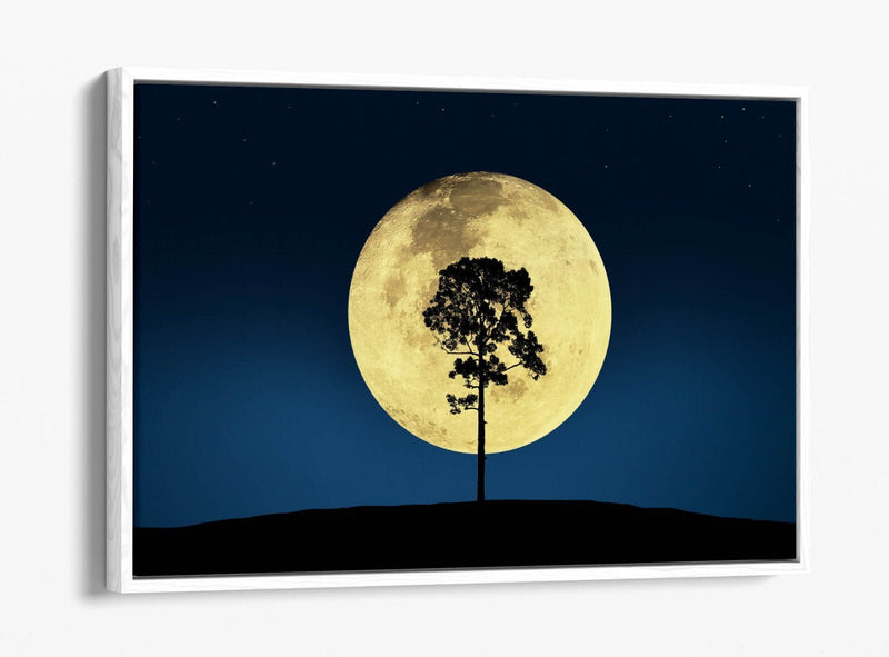 Canvas Wall Art - Tree Silhouette Print With Big Moon | Blue Night Sky Decor