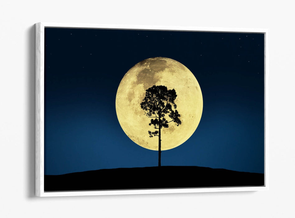 Canvas Wall Art - Tree Silhouette Print With Big Moon | Blue Night Sky Decor