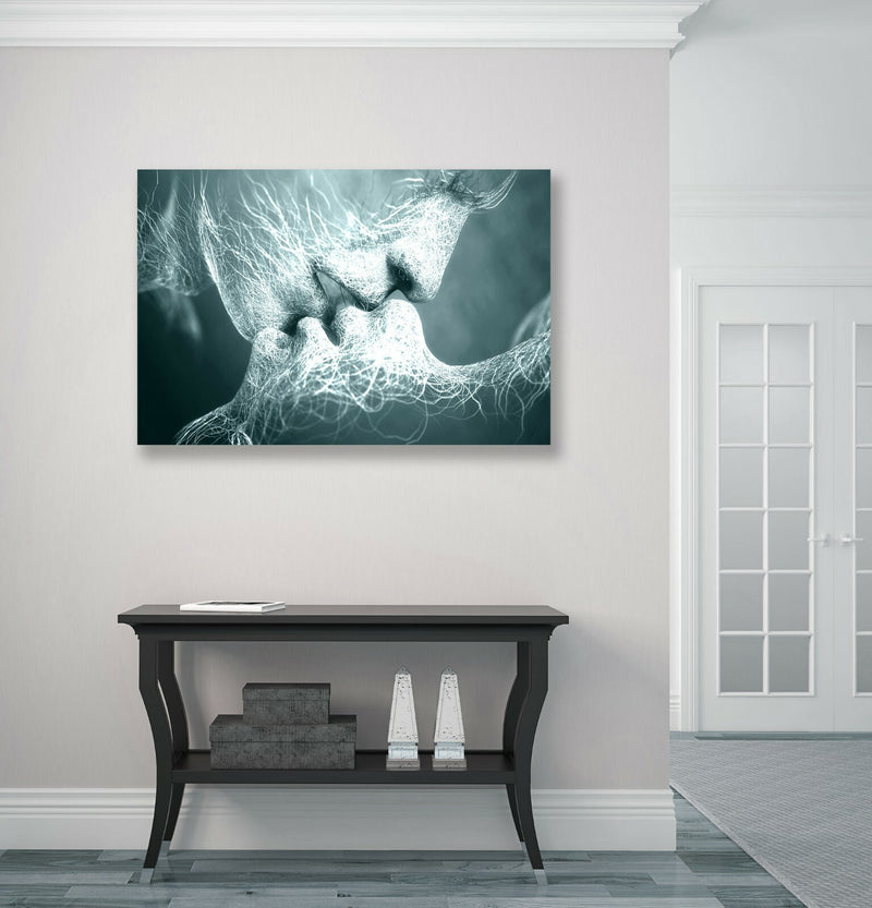 Lovers Kiss Canvas Art - Premium Duck Egg Blue Wall Art Print | Ready To Hang