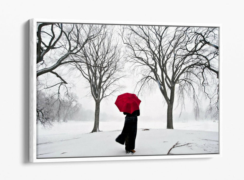 Canvas Wall Art - Red Umbrella Snow Scene | Float Effect Canvas Print