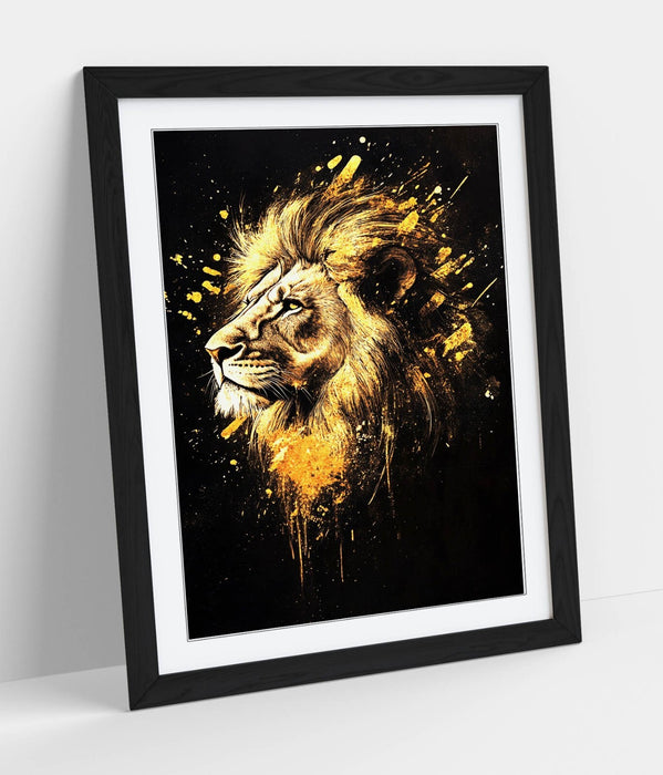 Lion Head Wall Art – Abstract Gold Splash Poster With Faux Wood Frame