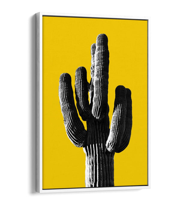 TRENDY B&W CACTUS POP ART YELLOW -FLOAT EFFECT CANVAS WALL ART PRINT