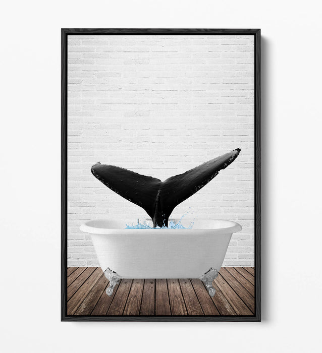 WHALE IN BATHTUB -QUIRKY BATHROOM FLOAT EFFECT CANVAS WALL ART PIC PRINT