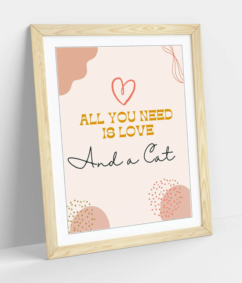 Funny Cat Wall Art – Framed Pet Poster With Cute Cat Artwork & Wood Grain Frame