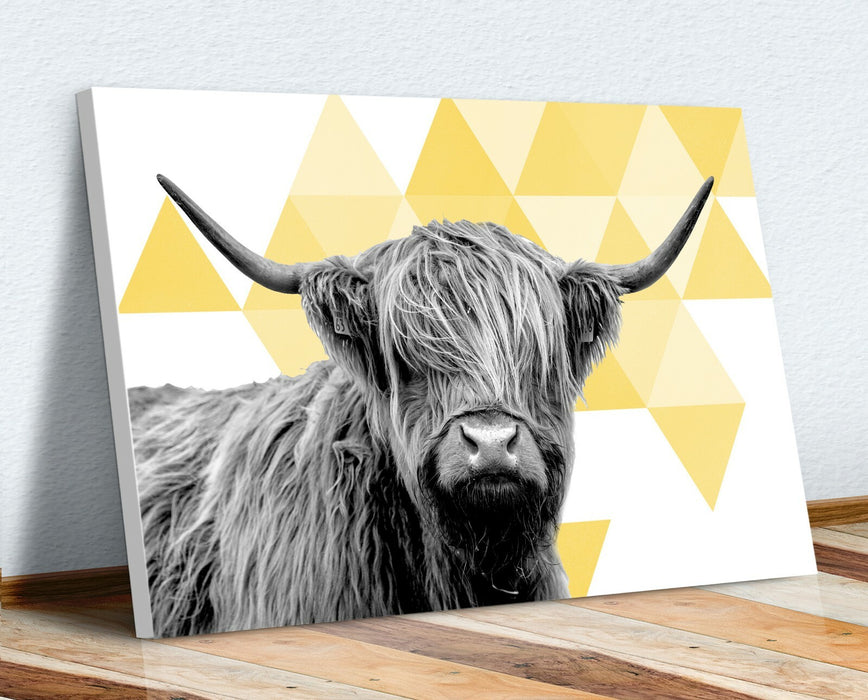 Highland Cow Canvas - Handmade Geometric Wall Art Print | Yellow Grey Artwork