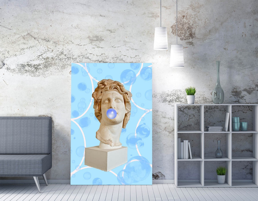 GREEK BUST STATUE BLOWING BLUE BUBBLEGUM -CANVAS WALL ART ARTWORK PRINT