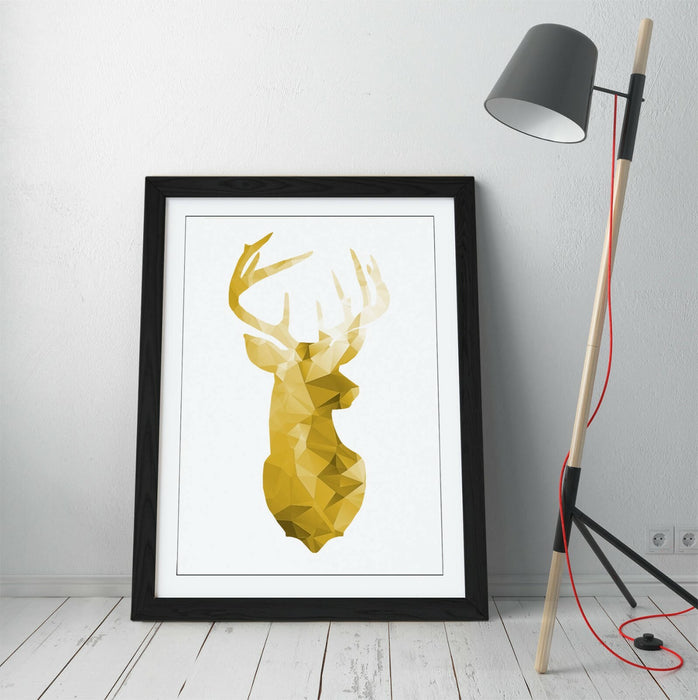 Framed Stag Head Poster – Mustard Yellow Geometric Wall Art with Woodgrain Frame