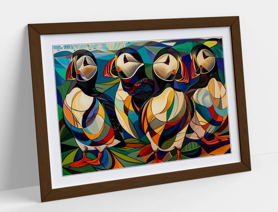 Puffins Wall Art – Framed Bird Print on Matte Paper with Natural Wood Frame