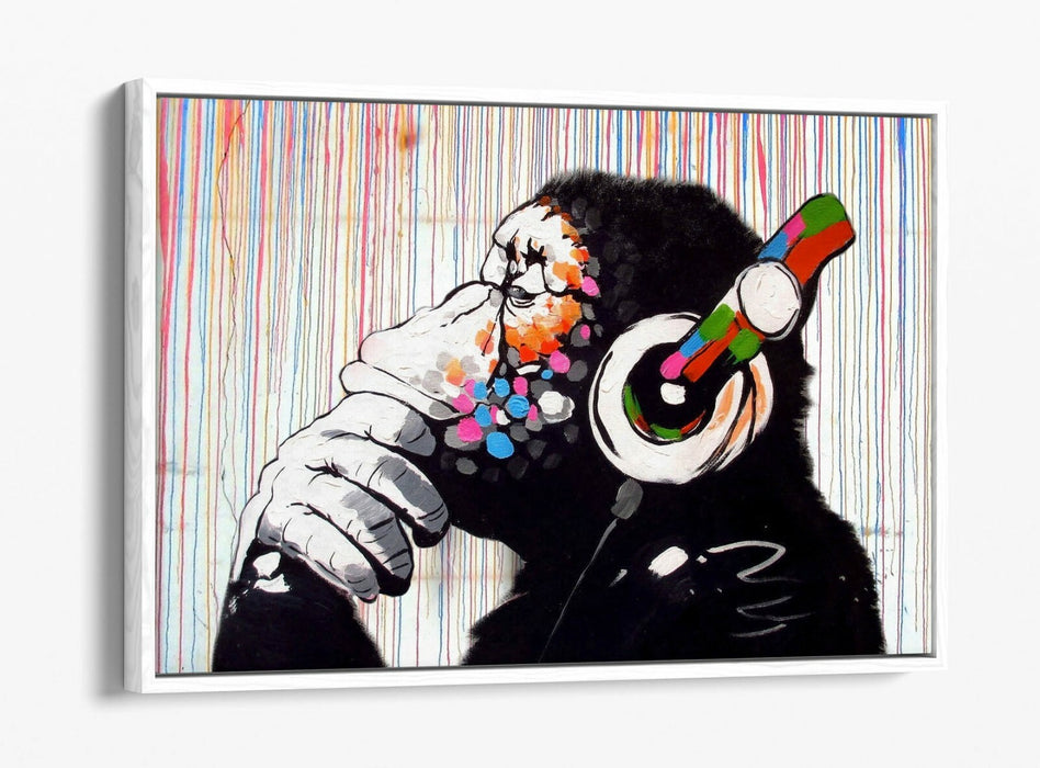 BANKSY DJ MONKEY RAIN -FLOAT EFFECT CANVAS WALL ART PIC PRINT- WHITE BLACK