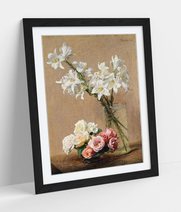 Framed Wall Art - Roses And Lilies Print | Handmade UK Frame, Matte Poster