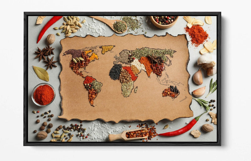 Canvas Wall Art – Spices Kitchen Art With Herbs World Map | Float Effect Print