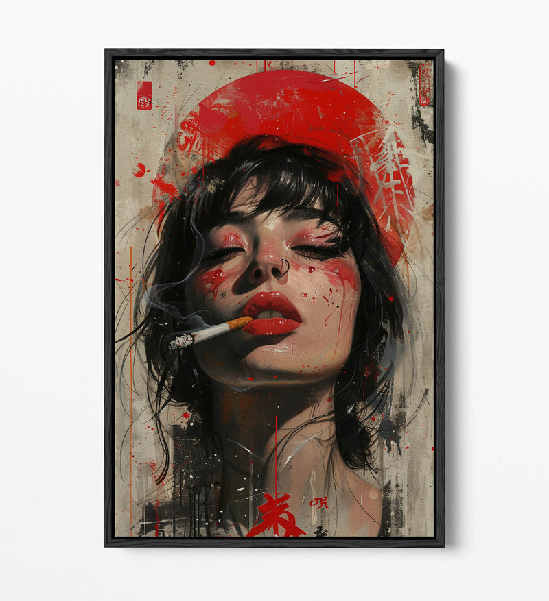 Canvas Art Print – Portrait Smoking Woman with Float Effect Frame, Vibrant Colors