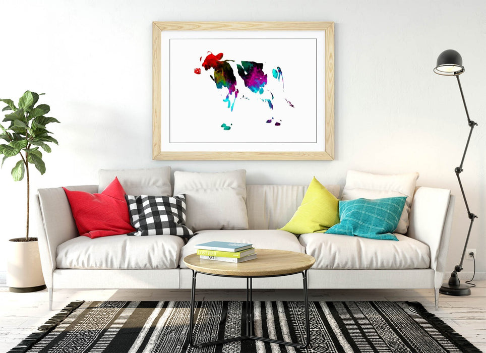 MULTI COLOUR POP ART COW WHITE BACKGROUND -FRAMED ART POSTER PICTURE PRINT