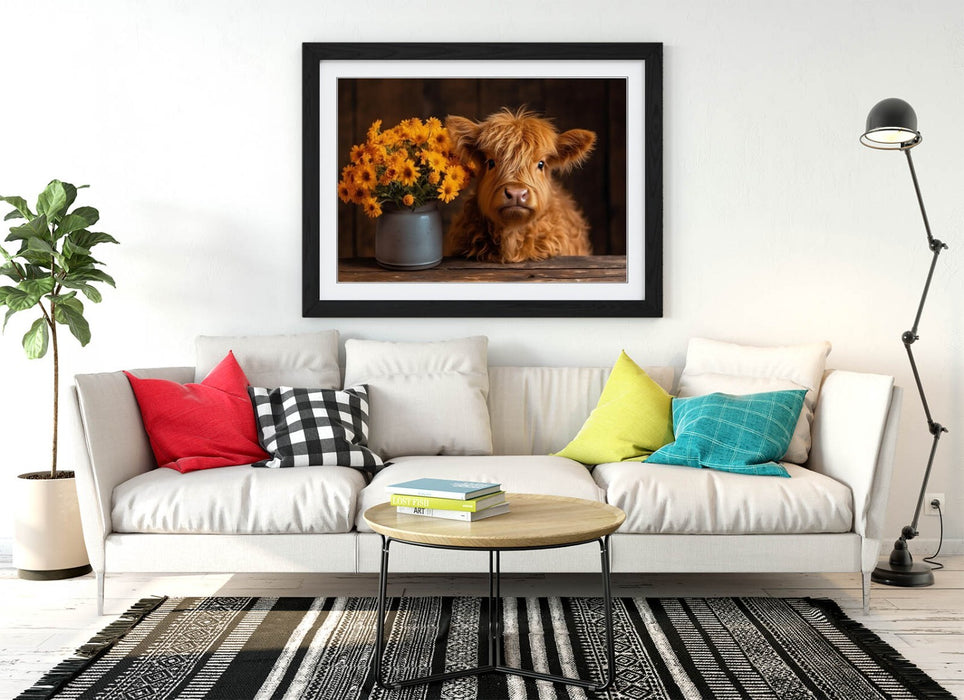 Baby Highland Cow Art – Framed Wall Art Poster Print with Flowers | UK Handmade