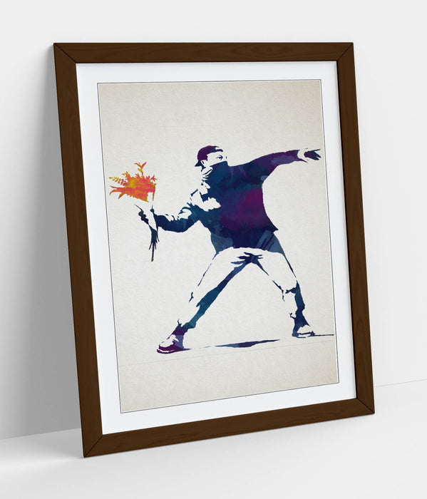 BANKSY, FLOWER BOMBER BLUE WATERCOLOUR STYLE ART -FRAMED WALL ART PICTURE PRINT
