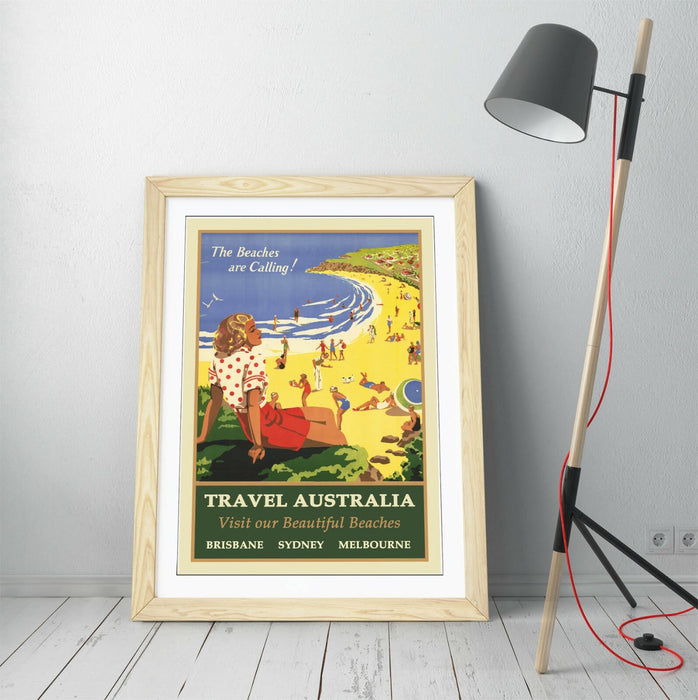 VINTAGE RETRO AUSTRALIA TRAVEL POSTER -FRAMED WALL ART PICTURE PRINT- BLUE GREEN
