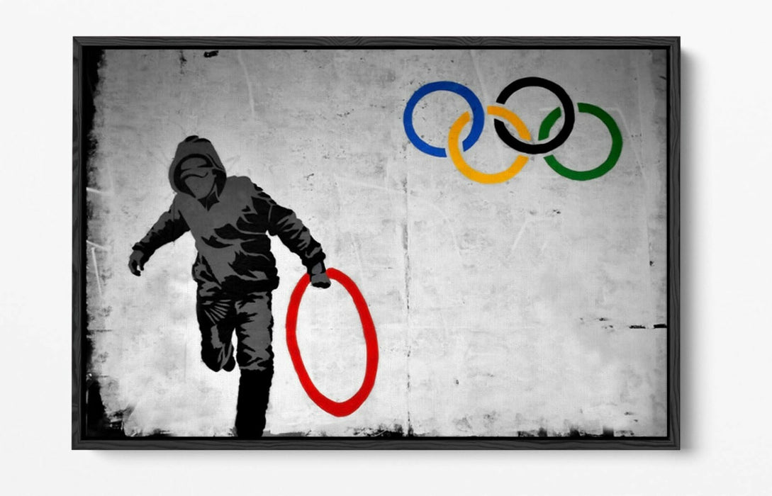 BANKSY OLYMPIC RINGS -FLOAT EFFECT CANVAS WALL ART PIC PRINT- RED YELLOW BLUE