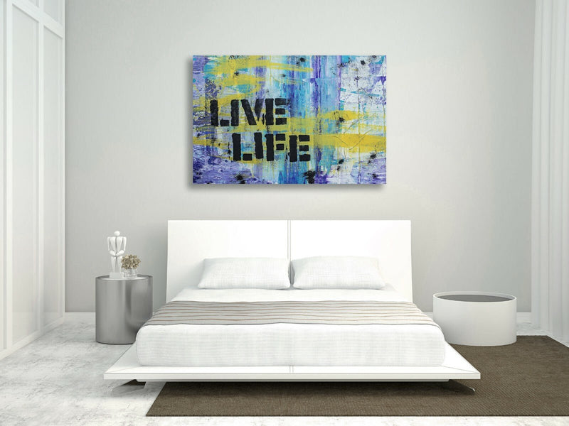 Graffiti Canvas Wall Art – Live Life Quote Blue Yellow Urban Decor Print